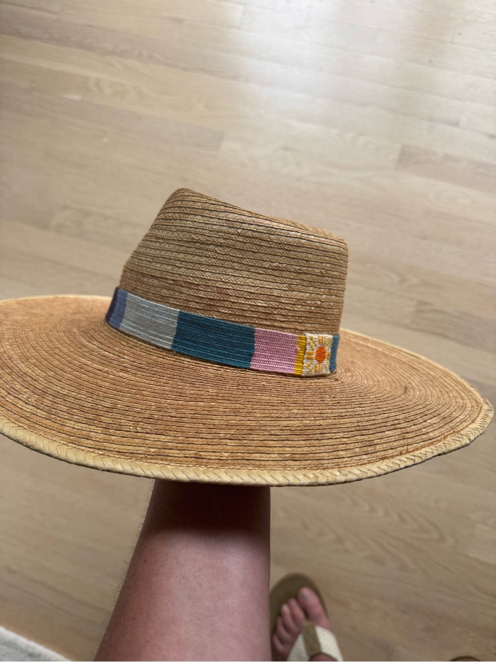 Handwoven Straw Sun Hat with Multicolor Embroidered Band - Picture 3 of 8
